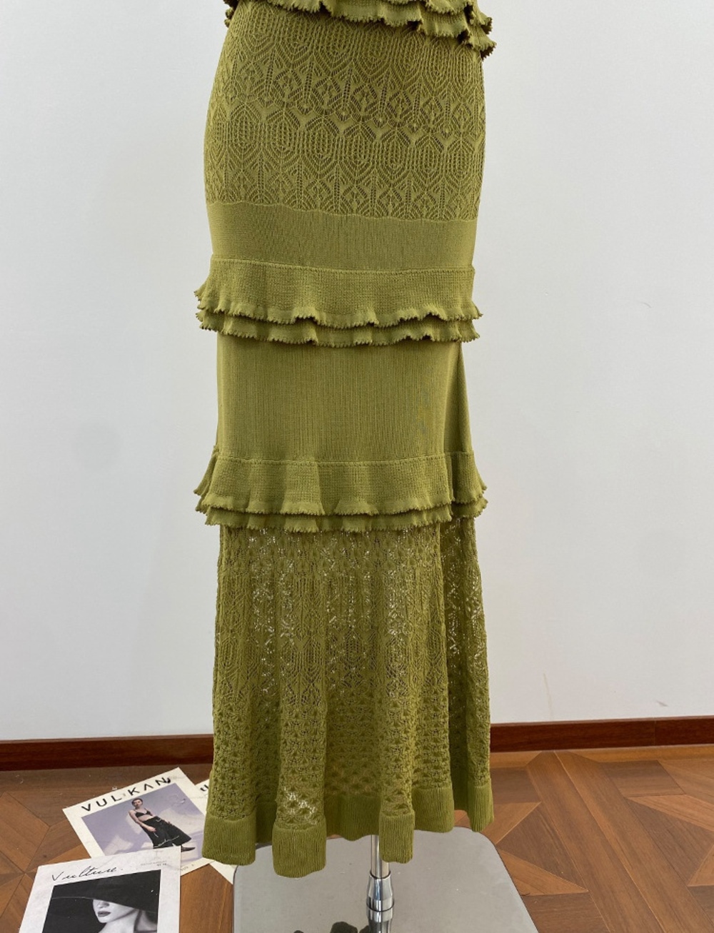 🟢Sandro Olive Green Tiered Ruffle Knit Midi Dress Sleeveless Lace - Picture 11 of 12